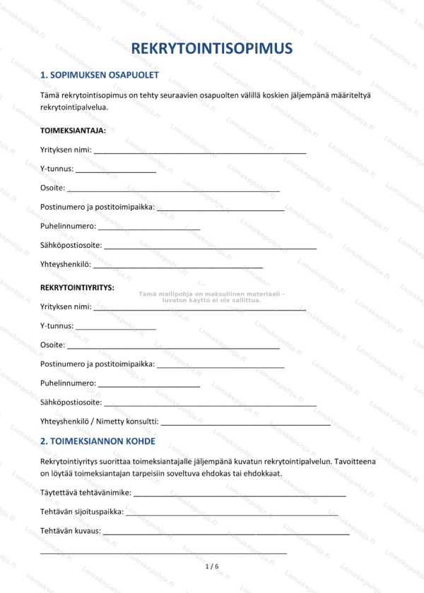 Rekrytointisopimus – Muokattava pohja Word & PDF