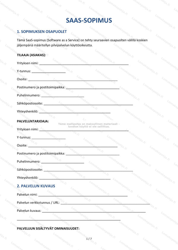SaaS-sopimus | Ladattava sopimusmalli Word & PDF