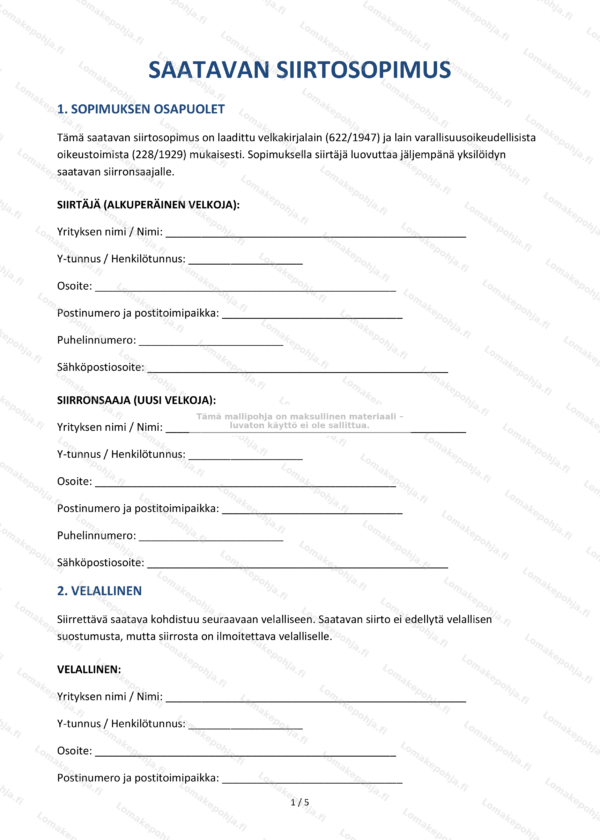Saatavan siirtosopimus — Mallipohja Word & PDF
