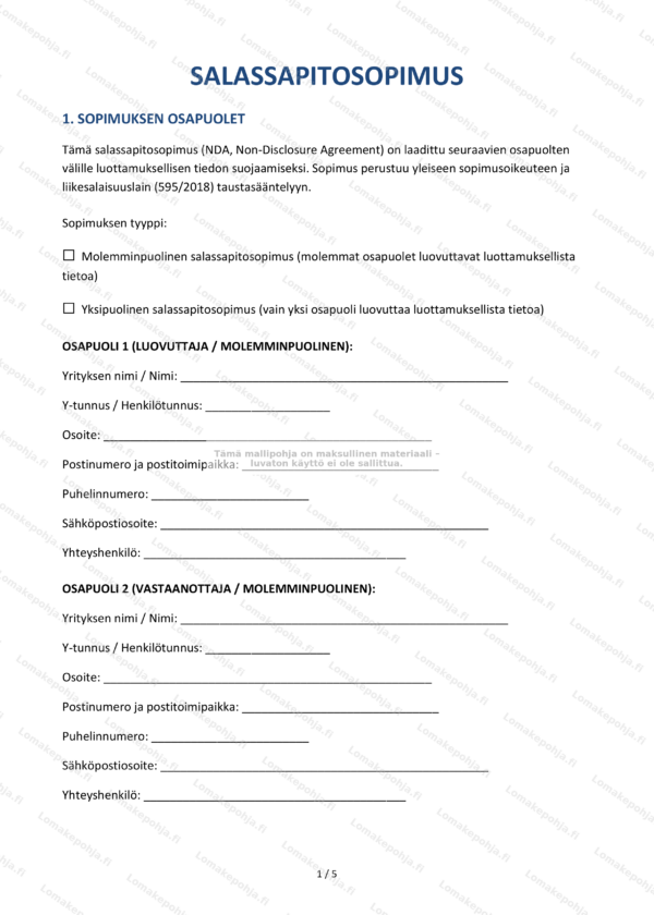 Salassapitosopimus (NDA) | Ladattava Word & PDF