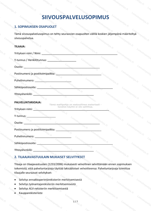 Siivouspalvelusopimus — Sopimusmalli Word & PDF