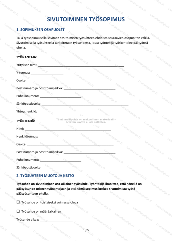 Sivutoiminen tyosopimus — Ladattava Word & PDF