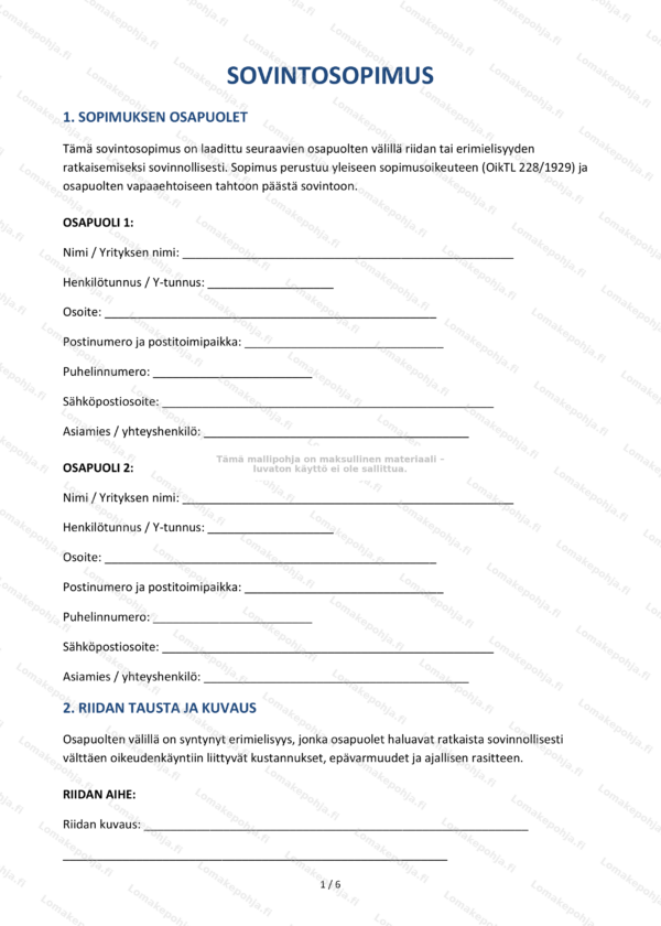 Sovintosopimus | Sopimusmalli Word & PDF