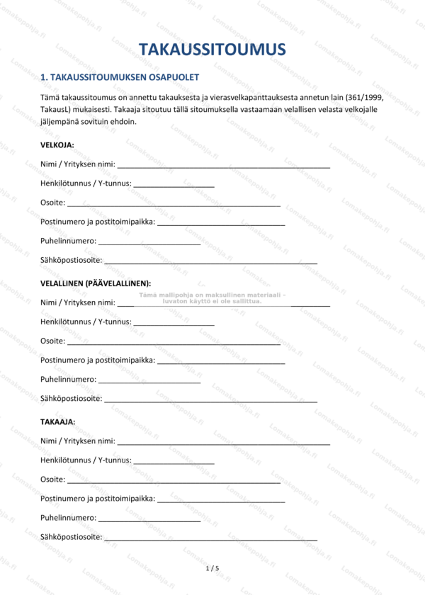 Takaussitoumus — Tulostettava mallipohja