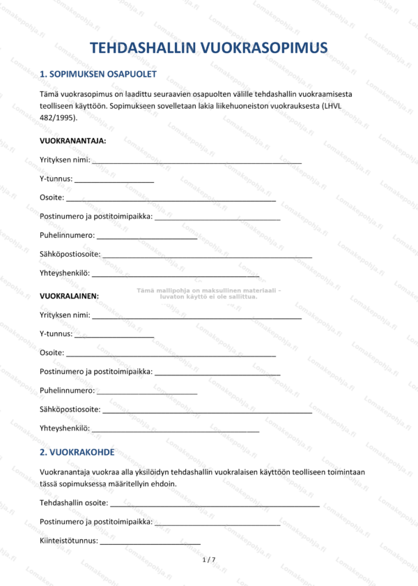 Tehdashallin vuokrasopimus | Lomakepohja Word & PDF