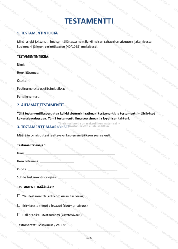 Testamentti | Ladattava mallipohja Word & PDF