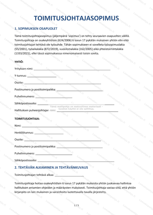 Toimitusjohtajasopimus – Mallipohja Word & PDF