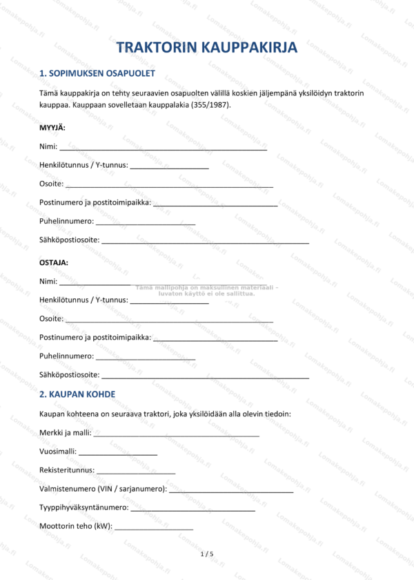 Traktorin kauppakirja | Ladattava Word & PDF