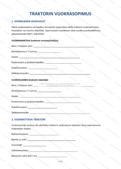 Traktorin vuokrasopimuksen ensimmäinen sivu (skaalattu versio).