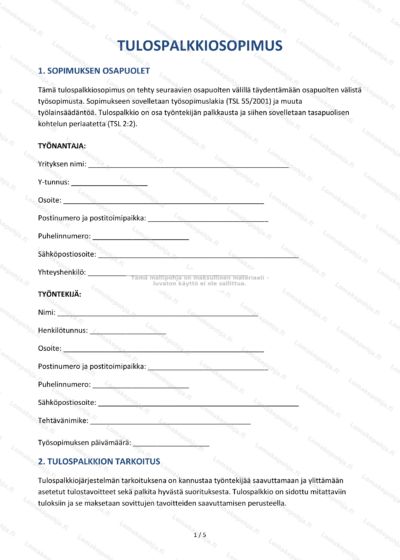 Tulospalkkiosopimuksen ensimmäinen sivu, skaalattu kopio asiakirjasta.