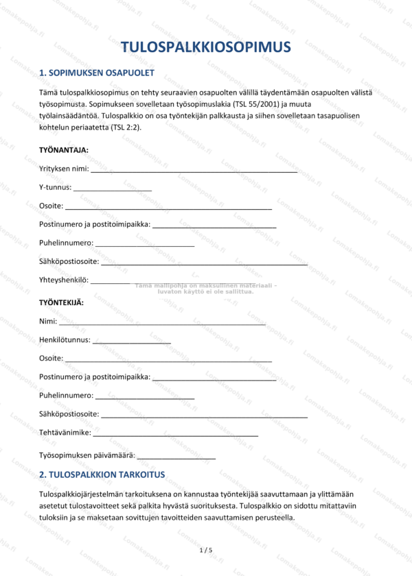 Tulospalkkiosopimus — Mallipohja Word & PDF