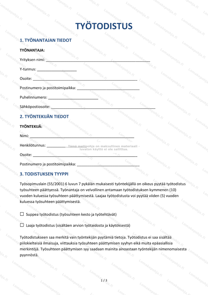 Ty todistus Tulostettava Mallipohja Word PDF