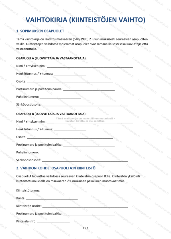 Vaihtokirja (kiinteistöjen vaihto) – Ladattava Word & PDF