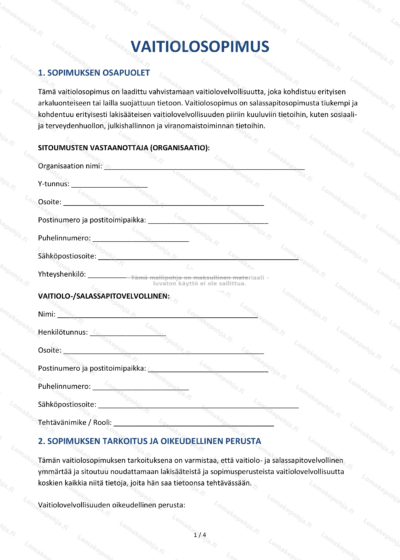 Vaitiolosopimus - ensimmäinen sivu näkyvissä skaalattuna, sisältäen otsikon, asiakirjan tekstin ja allekirjoituspaikan.