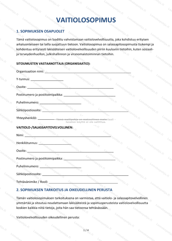 Vaitiolosopimus | Tulostettava mallipohja Word & PDF