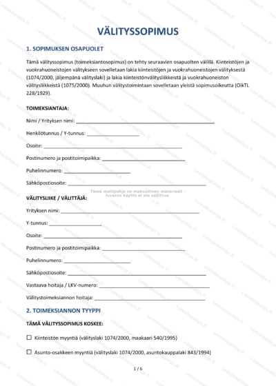Valityssopimus-dokumentin sivu 1, skaalaistu kuva.