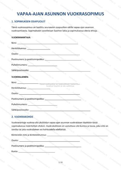 Vapaa-ajan asunnon vuokrasopimus – sivu 1, skannattu dokumentti, jossa on vuokrasopimuksen teksti.