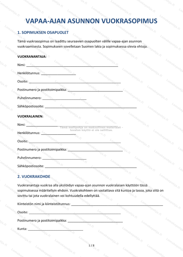 Vapaa-ajan asunnon vuokrasopimus — Mallipohja Word & PDF