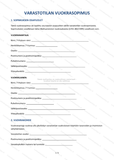 Varastotilan vuokrasopimuksen ensimmäisen sivun skannattu kuva, jossa näkyvät ehdot ja otsikot.
