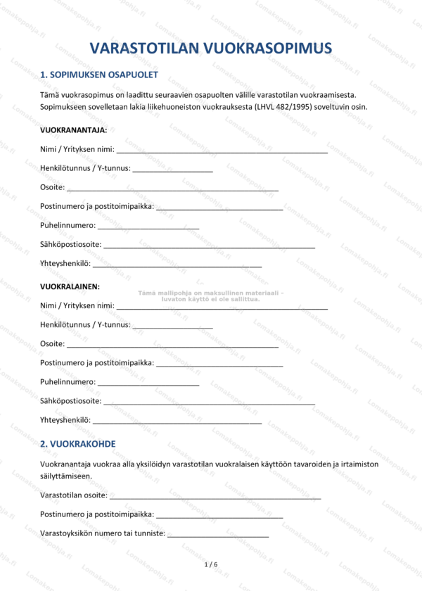 Varastotilan vuokrasopimus | Ladattava Word & PDF