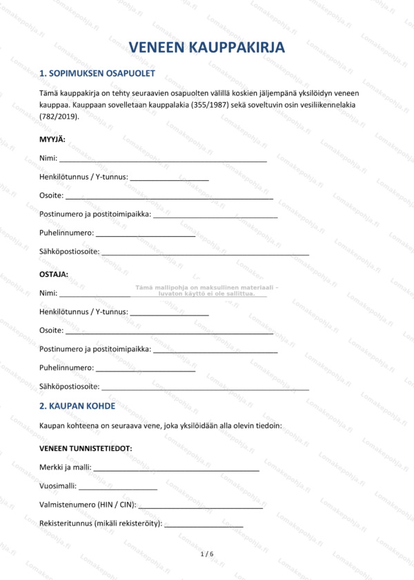 Veneen kauppakirja | Muokattava pohja Word & PDF