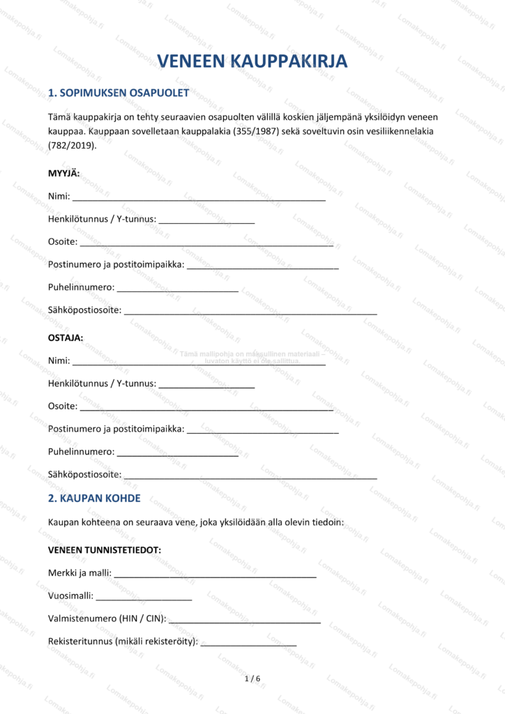 Veneen Kauppakirja Muokattava Pohja Word PDF