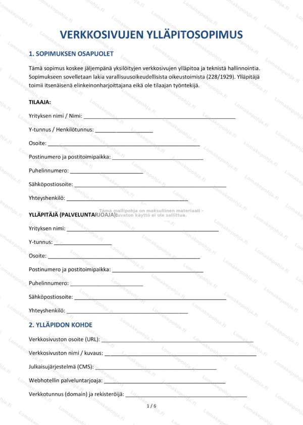Verkkosivujen ylläpitosopimus — Sopimusmalli Word & PDF
