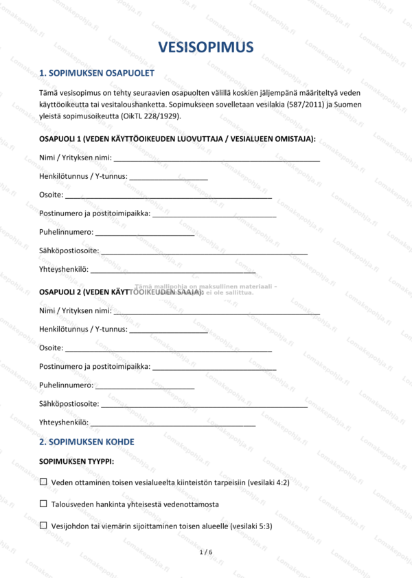 Vesisopimus – Tulostettava mallipohja Word & PDF