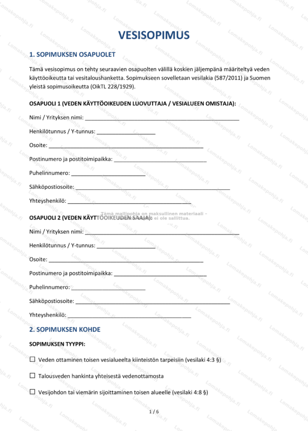 Vesisopimus – Tulostettava mallipohja Word & PDF