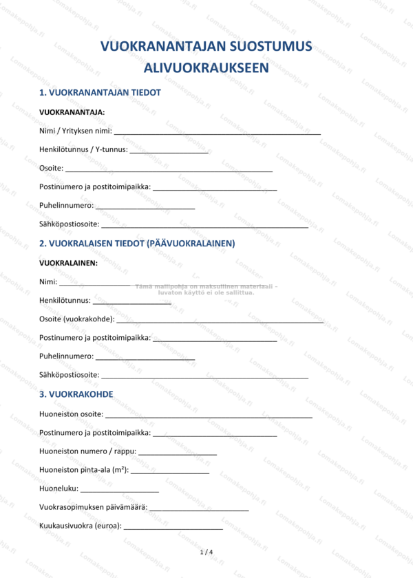 Vuokranantajan suostumus alivuokraukseen | Word & PDF