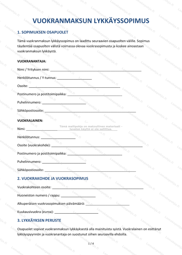 Vuokranmaksun lykkäyssopimus | Mallipohja Word & PDF