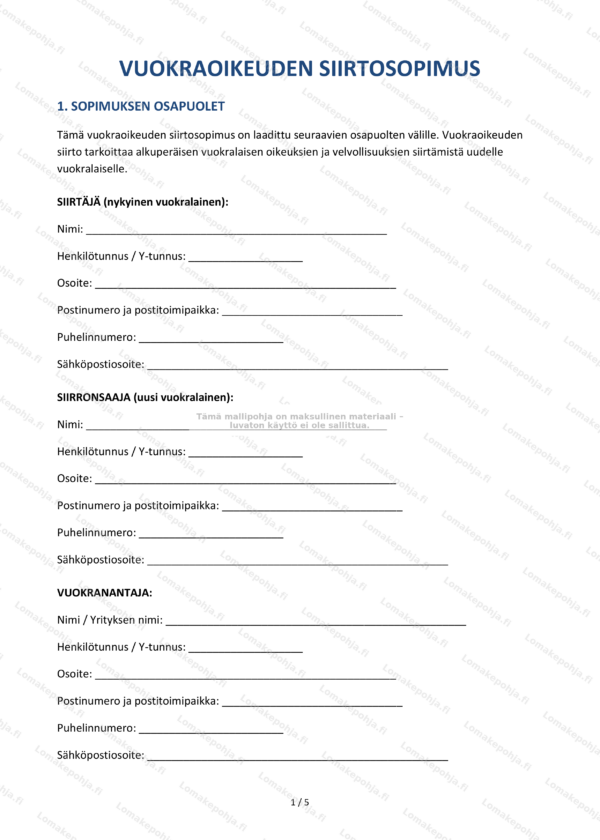 Vuokraoikeuden siirtosopimus — Lomakepohja Word & PDF