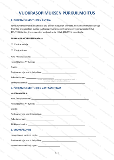 Vuokrasopimuksen purkuilmoitus – ensimmäinen sivu, skaalattu kuva.