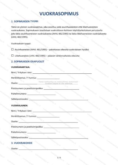 Vuokrasopimusasiakirja – sivu 1, näkyvillä tekstiä ja allekirjoituskohdat.