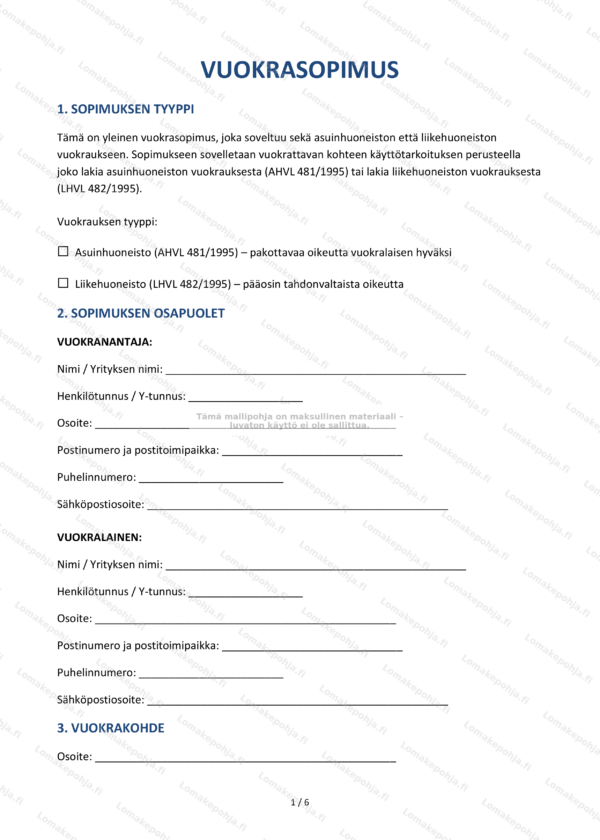 Vuokrasopimus | Muokattava sopimusmalli Word & PDF