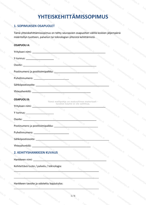 Yhteiskehittämissopimus — Sopimusmalli Word & PDF