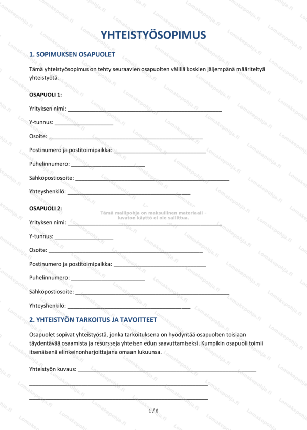 Yhteistyösopimus | Muokattava pohja Word & PDF