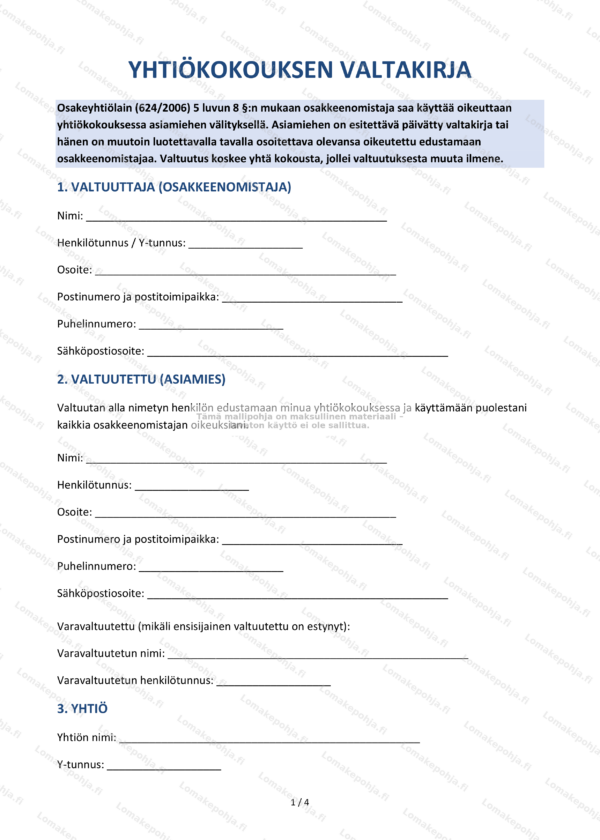 Yhtiökokouksen valtakirja – Tulostettava mallipohja