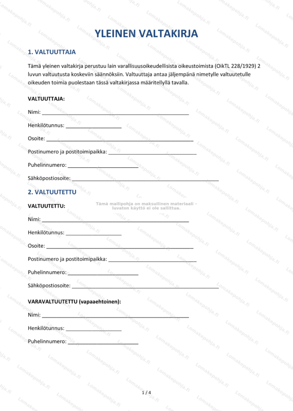 Yleinen valtakirja | Ladattava Word & PDF