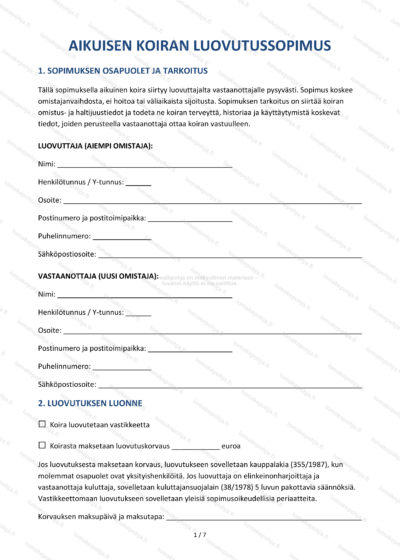 Aikuisen koiran luovutussopimus — Ladattava sopimusmalli — sopimuspohja DOCX-muodossa