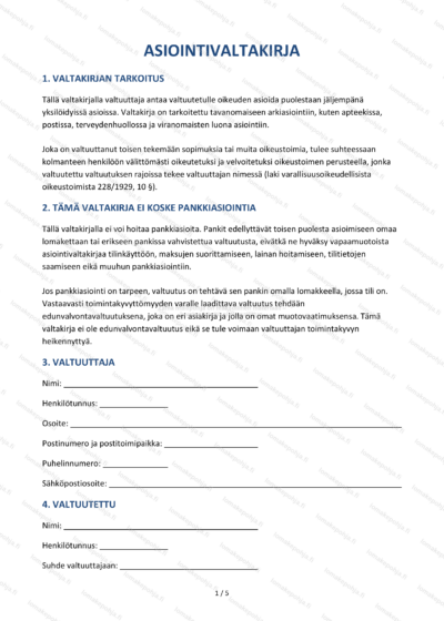 Asiointivaltakirja — Tulostettava valtakirjapohja Word & PDF — sopimuspohja DOCX-muodossa