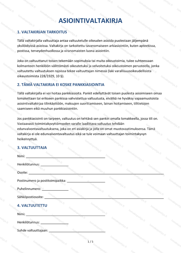 Asiointivaltakirja — Tulostettava valtakirjapohja Word & PDF