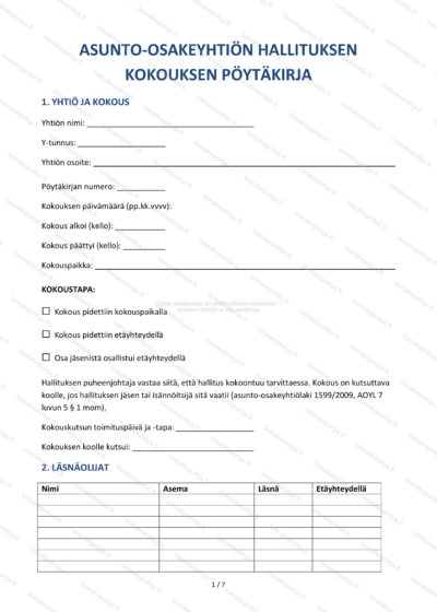 Hallituksen pöytäkirja taloyhtiölle | Taloyhtiön pöytäkirjapohja — sopimuspohja DOCX-muodossa