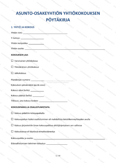 Yhtiökokouksen pöytäkirja | Taloyhtiön pöytäkirjapohja Word & PDF — sopimuspohja DOCX-muodossa