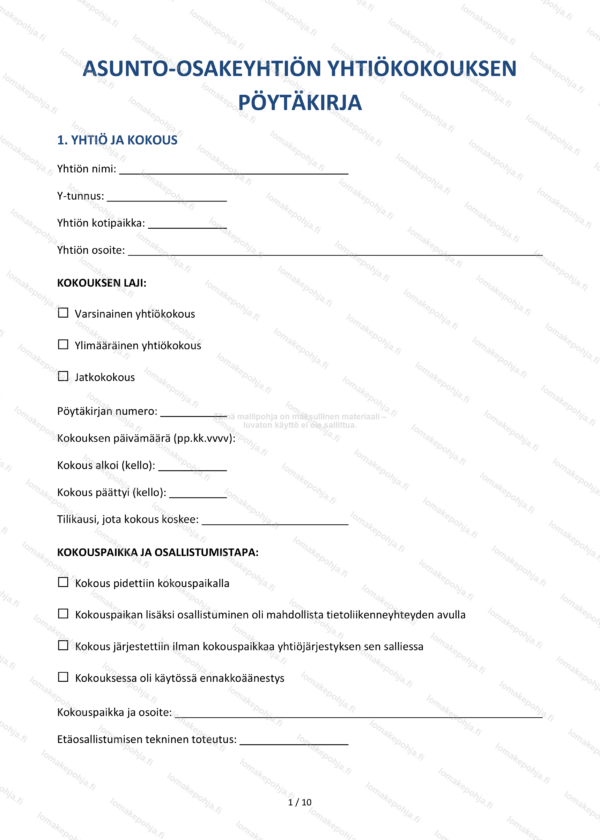 Yhtiökokouksen pöytäkirja | Taloyhtiön pöytäkirjapohja Word & PDF