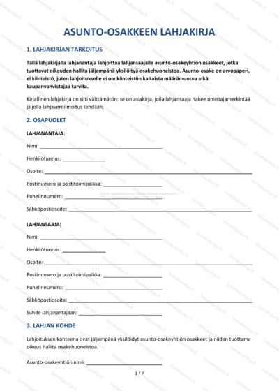Asunto-osakkeen lahjakirja — Asuntokaupan mallipohja Word & PDF — sopimuspohja DOCX-muodossa