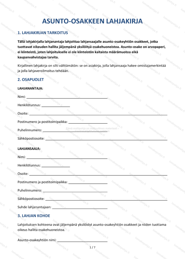 Asunto-osakkeen lahjakirja — Asuntokaupan mallipohja Word & PDF