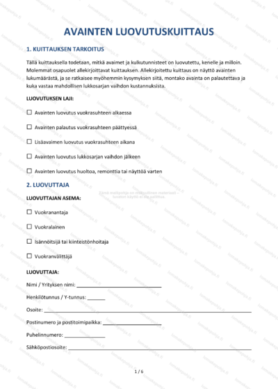 Avainten luovutuskuittaus | Asunnon avainten kuittauspohja — sopimuspohja DOCX-muodossa
