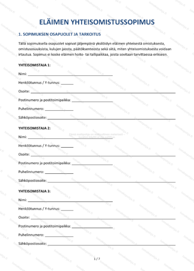 Eläimen yhteisomistussopimus — Muokattava sopimusmalli Word & PDF — sopimuspohja DOCX-muodossa