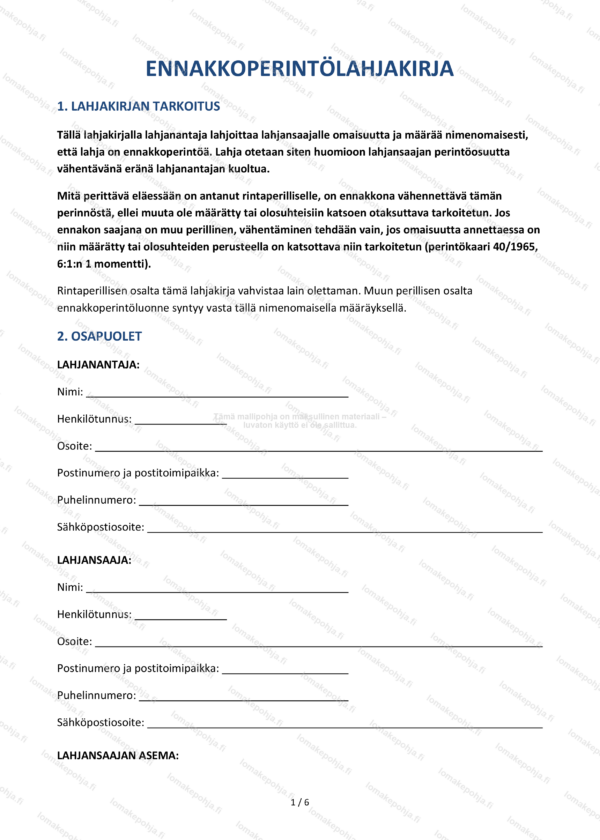 Ennakkoperintölahjakirja – Muokattava lahjakirja Word & PDF